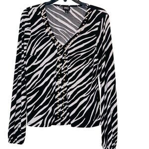 INC International Concepts Zebra Print Studded Long Sleeve Top Black White Sz XS